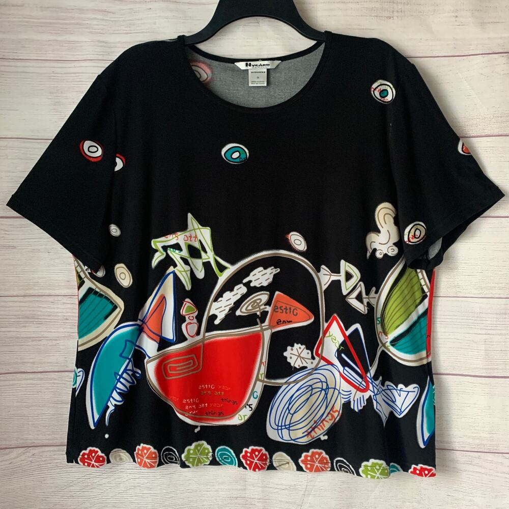 Nygard Collection Black and Colorful Abstract Top Short Sleeves Size 1X